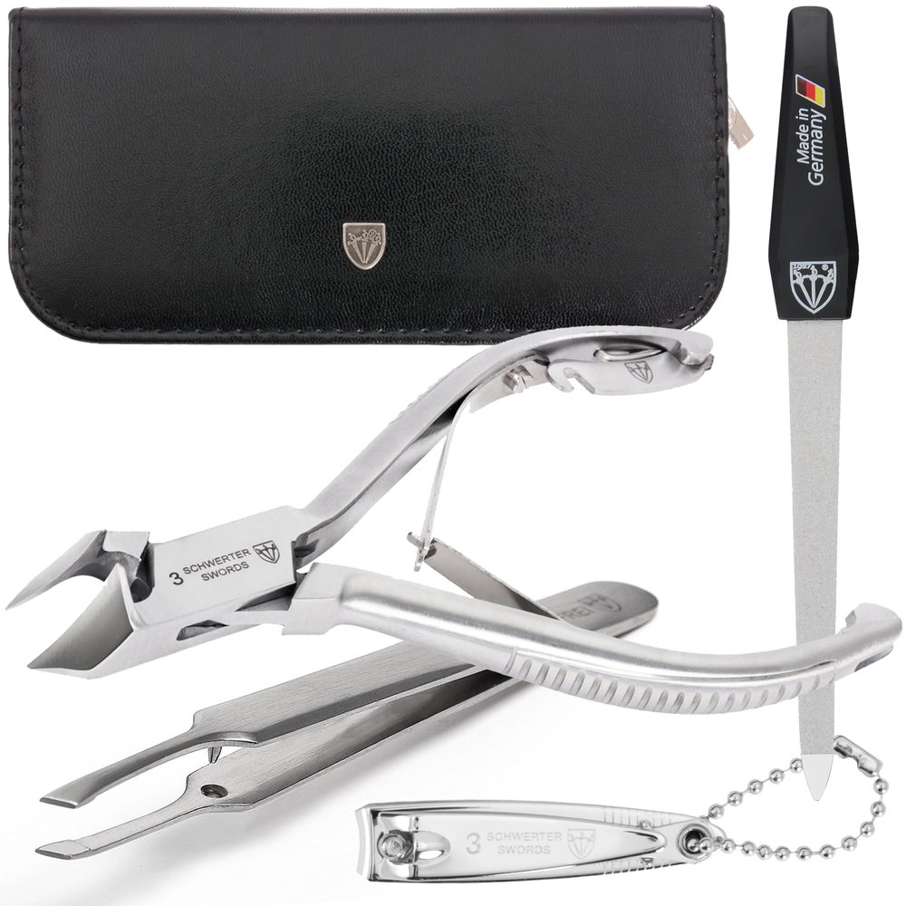 3 Swords Germany - Brand Quality Professional Toe Nail Nipper Set Stainless Steel INOX Wave Nipper, Head Cutter, Nail File Finger Clipper, Tweezers with case for ingrown Toe Nails by 3 Swords (202)