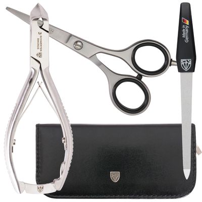 3 Swords Germany - brand quality professional TOE NAIL NIPPER and BEARD SCISSORS set STAINLESS STEEL INOX wave clipper, head cutter with case for ingrown toe nails pedicure by 3 Swords (219)