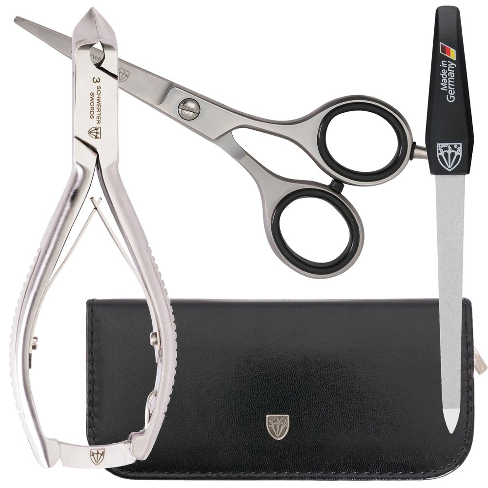 3 Swords Germany - brand quality professional TOE NAIL NIPPER and BEARD SCISSORS set STAINLESS STEEL INOX wave clipper, head cutter with case for ingrown toe nails pedicure by 3 Swords (219)