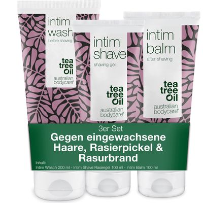 Australian Bodycare Intimate Shaving KIT 3 Products to get rid of red Bumps, Spots and ingrown Hairs After Shaving. Inside The kit: Intim Wash 6.76oz, Intim Shave 3.38oz, Intim Balm Aftershave 3.38