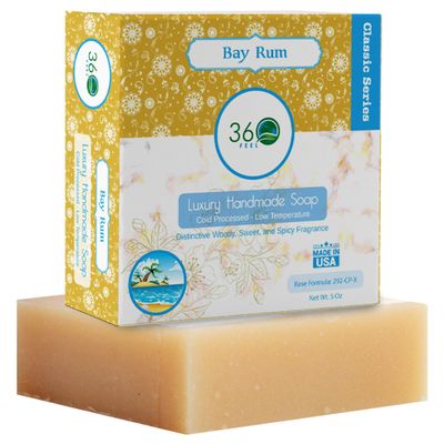 360Feel Bay Rum Bar Soap - Made in the USA - Castile Handmade, All-Natural, Cold-Processed - Bay Rum Essential Oil - Moisturizing with a Spicy Scent - Calm - Rich, Creamy Lather - (5oz)