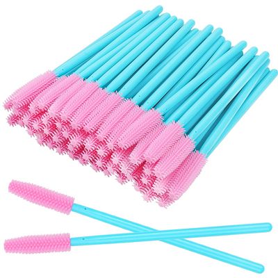 100 Pcs Silicone Mascara Wands Disposable Eyelash Brushes for Extensions Lash Applicators Makeup Tool Kit (Blue Handle/Pink Brush Head)