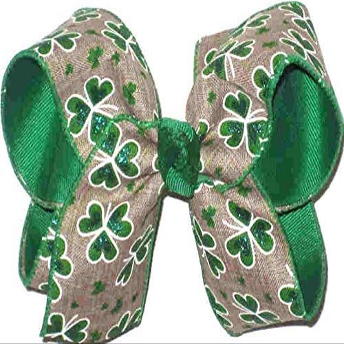 HL-319L Large St. Patrick's Day Green Glitter Shamrocks on Khaki Canvas over Emerald Green Hair Bow