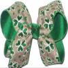 HL-319L Large St. Patrick's Day Green Glitter Shamrocks on Khaki Canvas over Emerald Green Hair Bow view 1