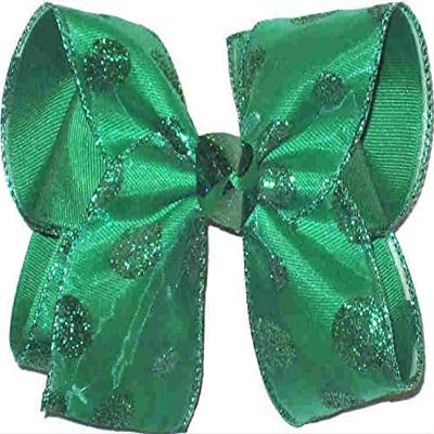 HL-300L Large St. Patrick's Day Green Glitter Dots on Chiffon over Green Hair Bow