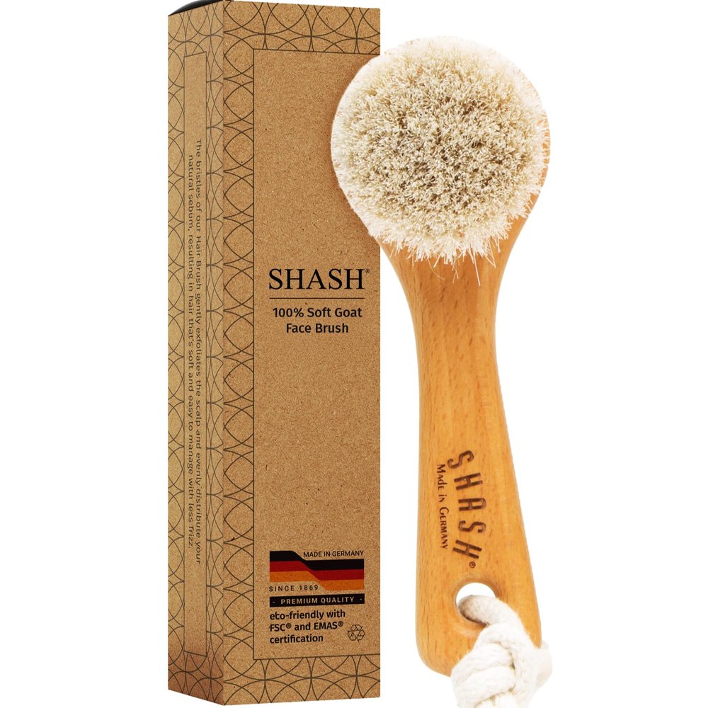 SHASH Since 1869 Hand Made in Germany - Sustainable Exfoliating Face Brush, Scrub Cleansing Brush, Exfoliates Skin to Help Reduce Flaking, Fine Lines, Supports Glowing Complexion (Soft Goat Bristle)