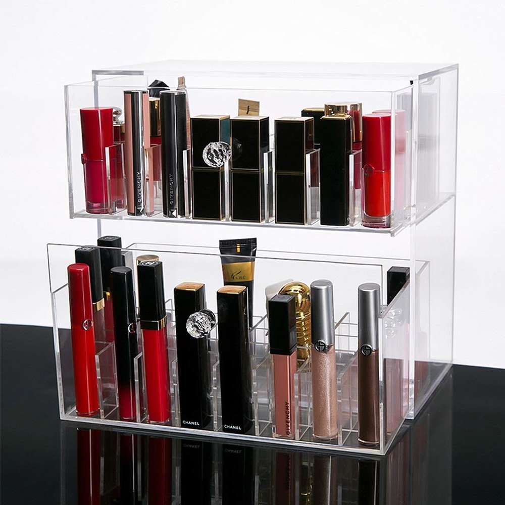 Acrylic Clear Lipstick Organizer Box with Compartments, Makeup Organizer and Storage Dustproof, Desktop Skin Care Products Finishing Storage Rack