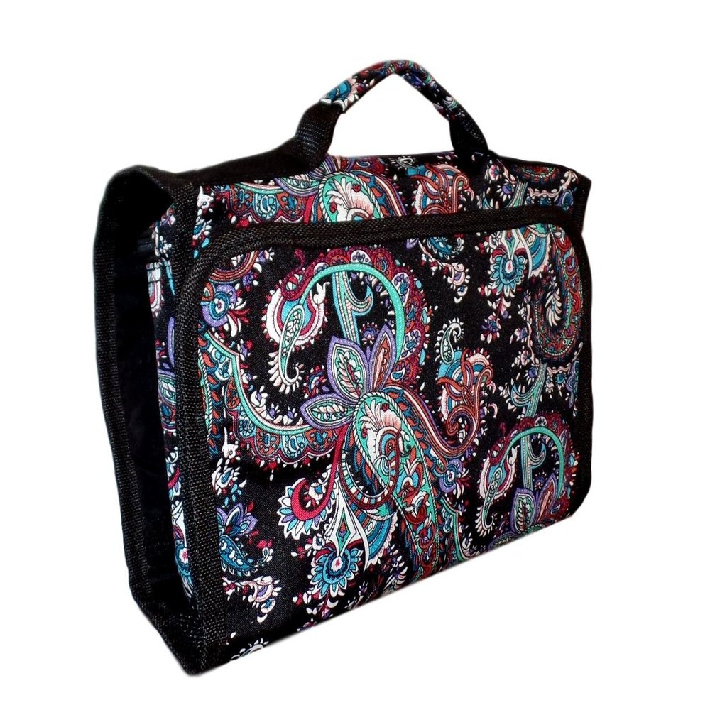 101 BEACH Hanging Toiletry Cosmetic Organizer Bag Roll up for Storage Travel Custom Embroidery Available (Black Paisley)