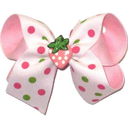 OV-2768M Medium Strawberry Miniature with Shocking Pink and Greens Dots on White over Light Pink Hair Bow