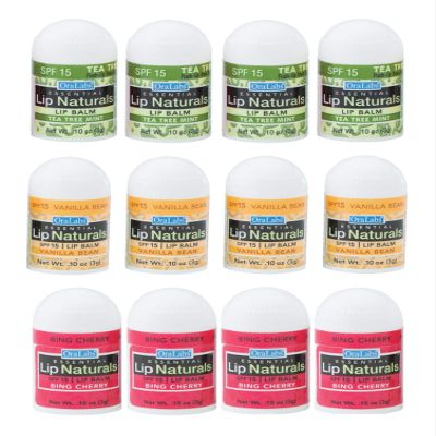 Lip Naturals | Assorted Mini Lip Balm with Sunscreen (SPF-15) | Made in USA | 12-Count Pack with Bing Cherry, Tea Tree Mint, and Vanilla Bean Flavors (0.10oz/3g Each)