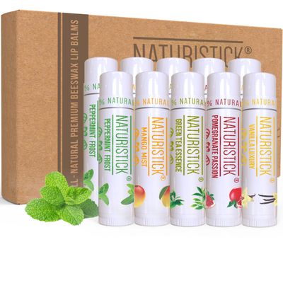 10-Pack Premium Beeswax Lip Balm by Naturistick | Chemical-Free, 100% Natural Chapstick for Dry, Chapped Lips | Made with Coconut Oil, Shea Butter, Aloe Vera | 5 Assorted Scents | Made in the USA