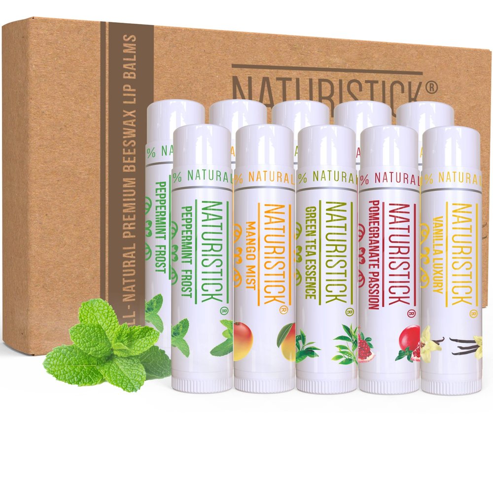 10-Pack Premium Beeswax Lip Balm by Naturistick | Chemical-Free, 100% Natural Chapstick for Dry, Chapped Lips | Made with Coconut Oil, Shea Butter, Aloe Vera | 5 Assorted Scents | Made in the USA