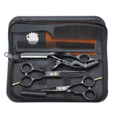 Purple Dragon 5.5 inch Hair Cutting Scissors Set with Razor, Leather Scissors Case, Barber Hair Cutting Shears Hair Thinning/Texturizing Shears for Professional Hairdresser or Home Use (Black)