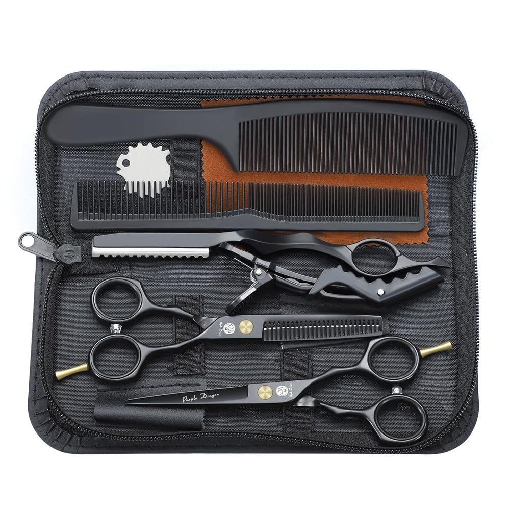 Purple Dragon 5.5 inch Hair Cutting Scissors Set with Razor, Leather Scissors Case, Barber Hair Cutting Shears Hair Thinning/Texturizing Shears for Professional Hairdresser or Home Use (Black)
