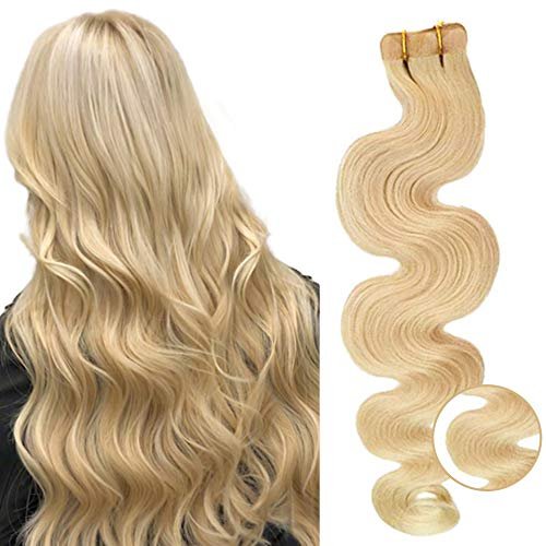 Tape in Wavy Hair Extension 20inches Long Curly Human Hair #60 Platinum Blonde Body Wave 100% Remy Hair Bonding Double Sided Tape Seamless Skin Weft Hair 20pcs/50g Glue In Hair Extensions