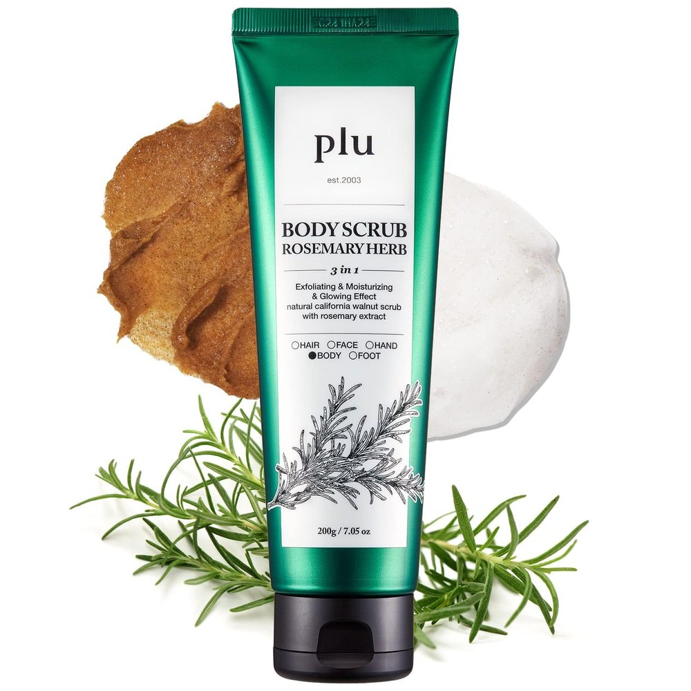 PLU Original Korean Walnut Body Scrub Polish - Rosemary Herb - Exfoliating, Hydrating & Smoothing for Radiant Skin Texture - Fresh Chamomile & Rosemary Scent, 6.76 oz.