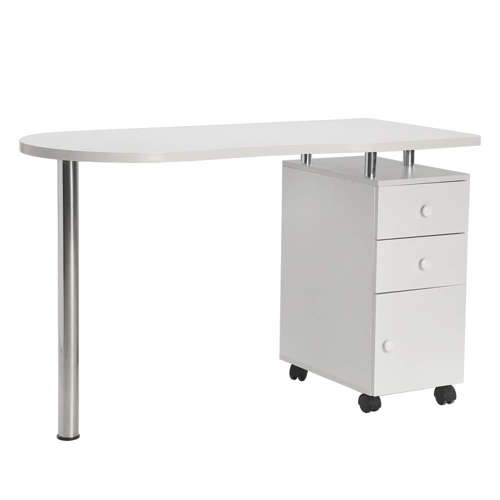FCH Nail Table with 2 Drawers 1 Cupboard Wrist Rest on Top Table Mobile Beauty Manicure Table Station Salon Desk Equipment White Easy Put Together (Single Side)