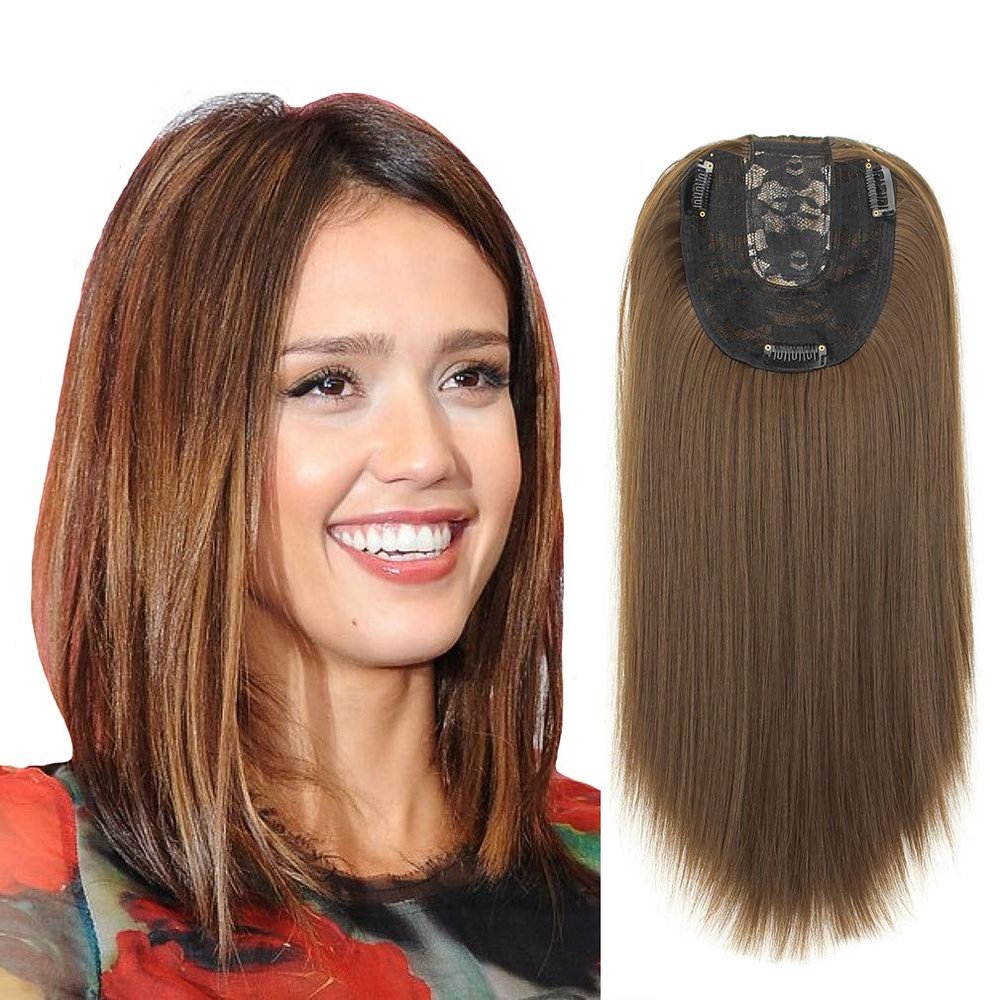 22" Middle Part Straight Hair Topper Clip in Mono Base Forehead Hairpiece for Women Hair Lossing Black Brown