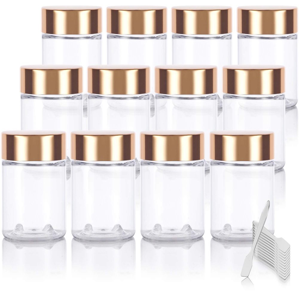 (12 Pack) 6 oz Clear PET Plastic Jar with Gold Metal Overshell Lid + Spatulas