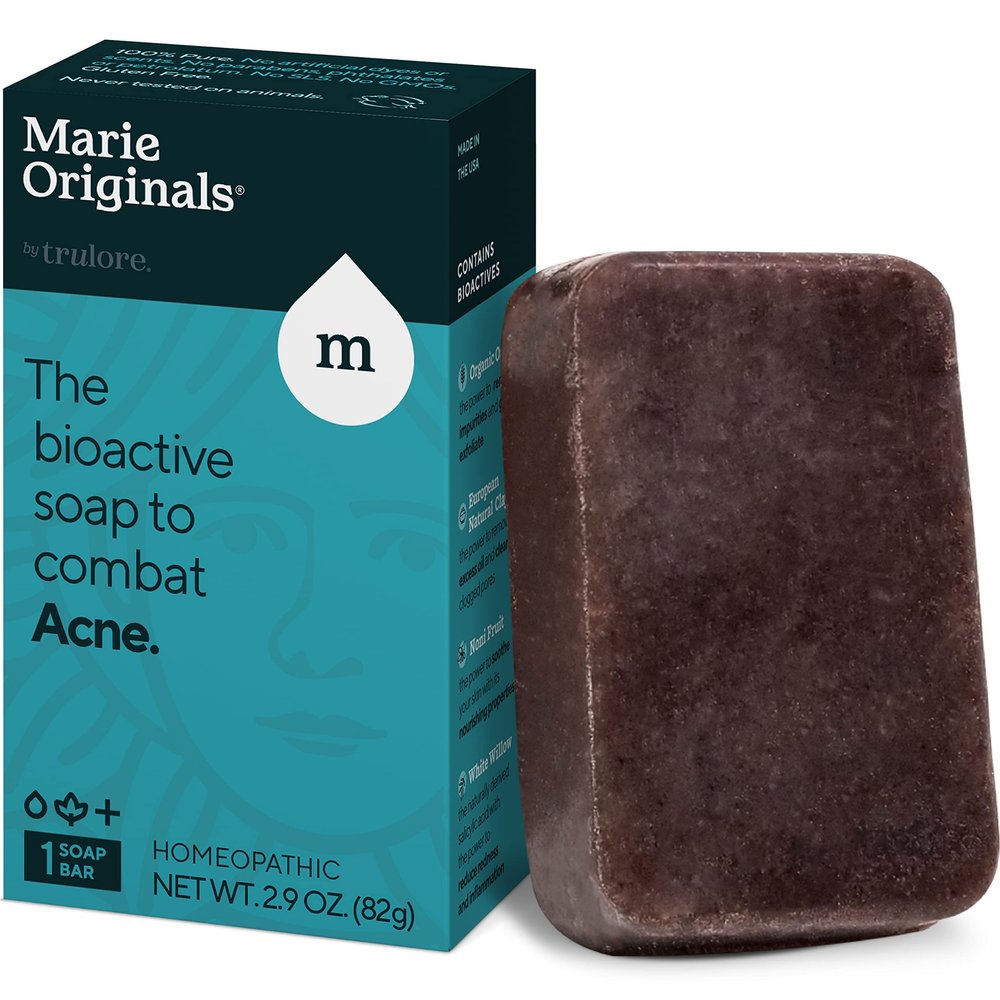 Marie's Original Acne Bar Soap Cleanser for Face and Body | Acne Treatment with Bentonite Clay, Organic Oat Bran, Noni Fruit Powder, White Willow | Natural Body Wash for Pimples and Scars (1 Pack)