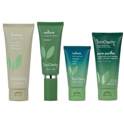 BioClarity 3-Step Essentials Skin Care Routine with Clarifying Mask for Normal and Oily Skin Types | Cleanse, Restore, Moisturize, Hydrate | 100% Clean Vegan Ingredients | Mini Size