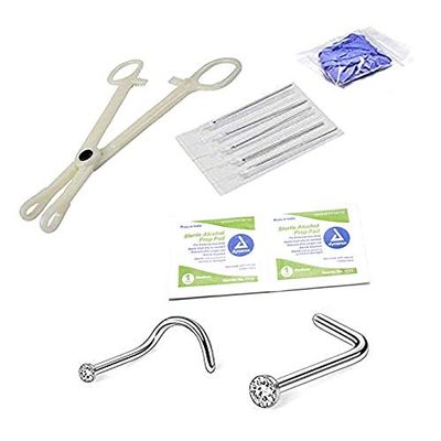 BodyJewelryOnline 12PCS Nose Piercing Kit, Disposable Self Nose Piercing Kit with Surgical Steel 20G L Shaped Nose Screw Rings CZ with 18G Sterile Piercing Needles Gloves Clamps Tool Kits