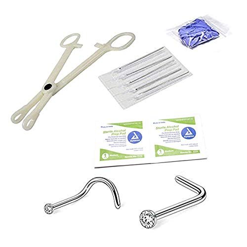 BodyJewelryOnline 12PCS Nose Piercing Kit, Disposable Self Nose Piercing Kit with Surgical Steel 20G L Shaped Nose Screw Rings CZ with 18G Sterile Piercing Needles Gloves Clamps Tool Kits