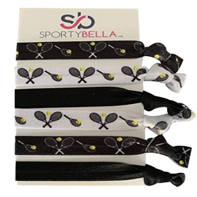 Sportybella - Tennis Hair Accessories for Girls (Black/White) - No Crease Hair Ties or Elastics, Tennis-Inspired Design for Players, Stylish Hair Accessories for Young Tennis Players - (6 pcs)