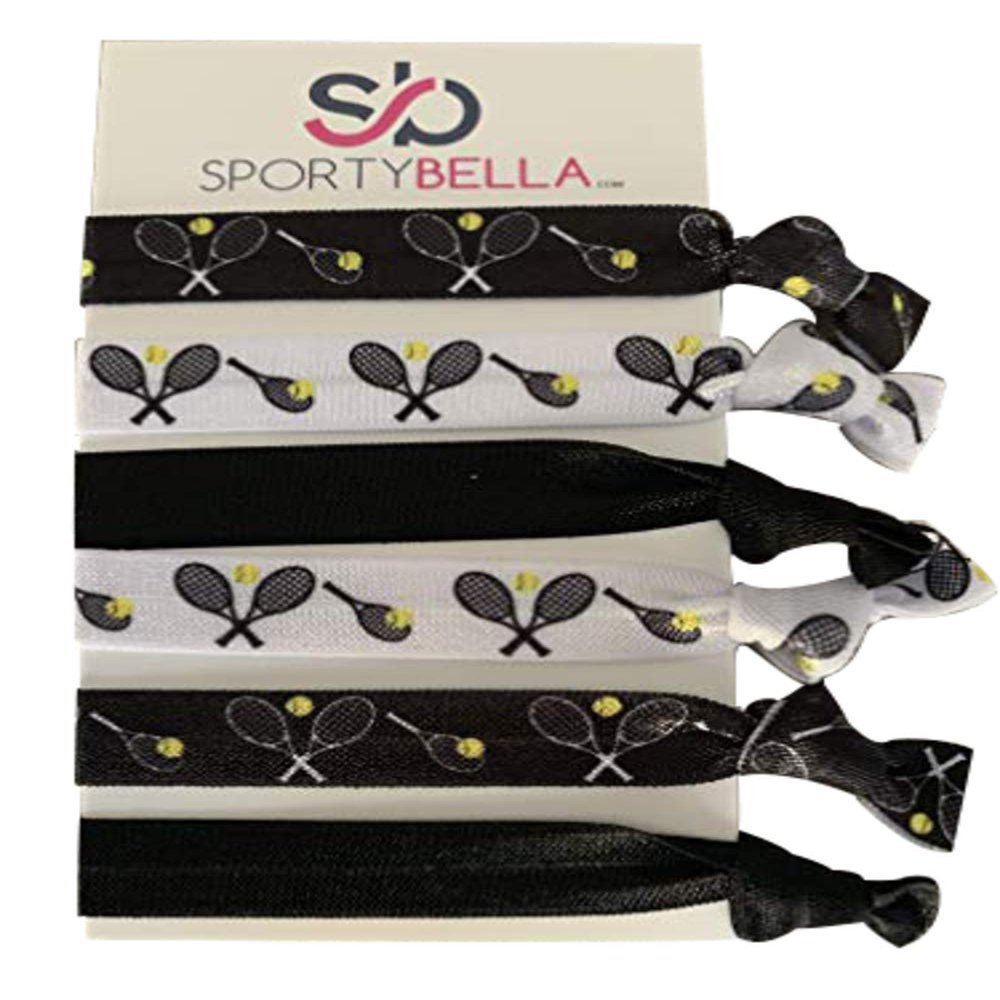 Sportybella - Tennis Hair Accessories for Girls (Black/White) - No Crease Hair Ties or Elastics, Tennis-Inspired Design for Players, Stylish Hair Accessories for Young Tennis Players - (6 pcs)