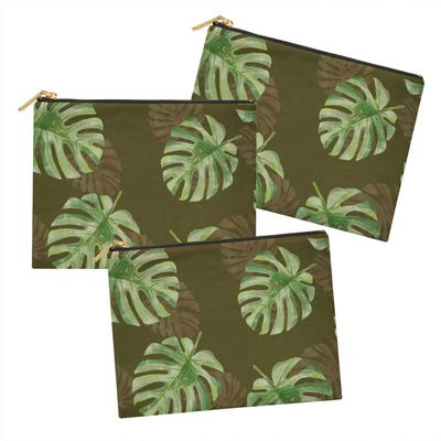 S4Sassy Green Monstera Leaves Multipurpose Cosmetic Pouch Pencil Case Make Up Bag Pack of 3-6 x 8 Inches