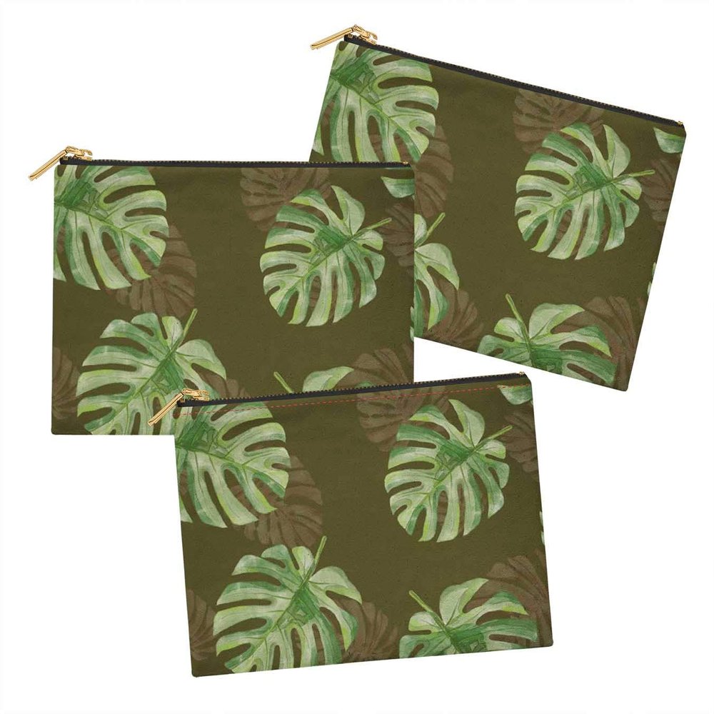 S4Sassy Green Monstera Leaves Multipurpose Cosmetic Pouch Pencil Case Make Up Bag Pack of 3-6 x 8 Inches