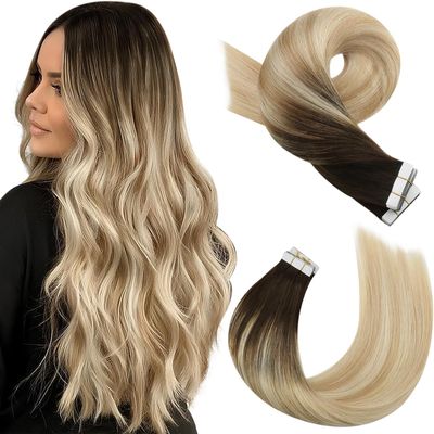 Moresoo Tape in Hair Extensions Human Hair Balayage Darkest Brown to Blonde Highlighted Real Hair Extensions Brown Rooted Tape in Extensions Ombre Human Hair Extensions 18 Inch #2/27/613 20pcs 50g