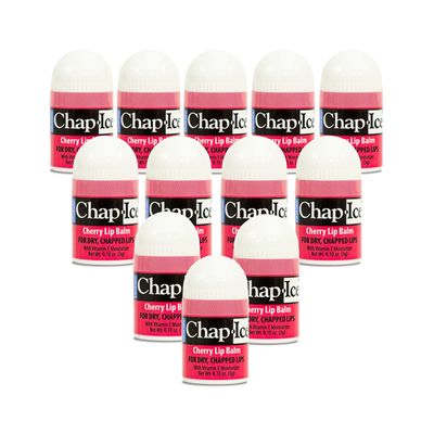 Chap-Ice | 12-Count Mini Cherry Lip Balm Pack Fortified with Vitamin E for Dry, Cracked Lips | Made in USA | Cherry Flavor (0.10oz/3g Each)