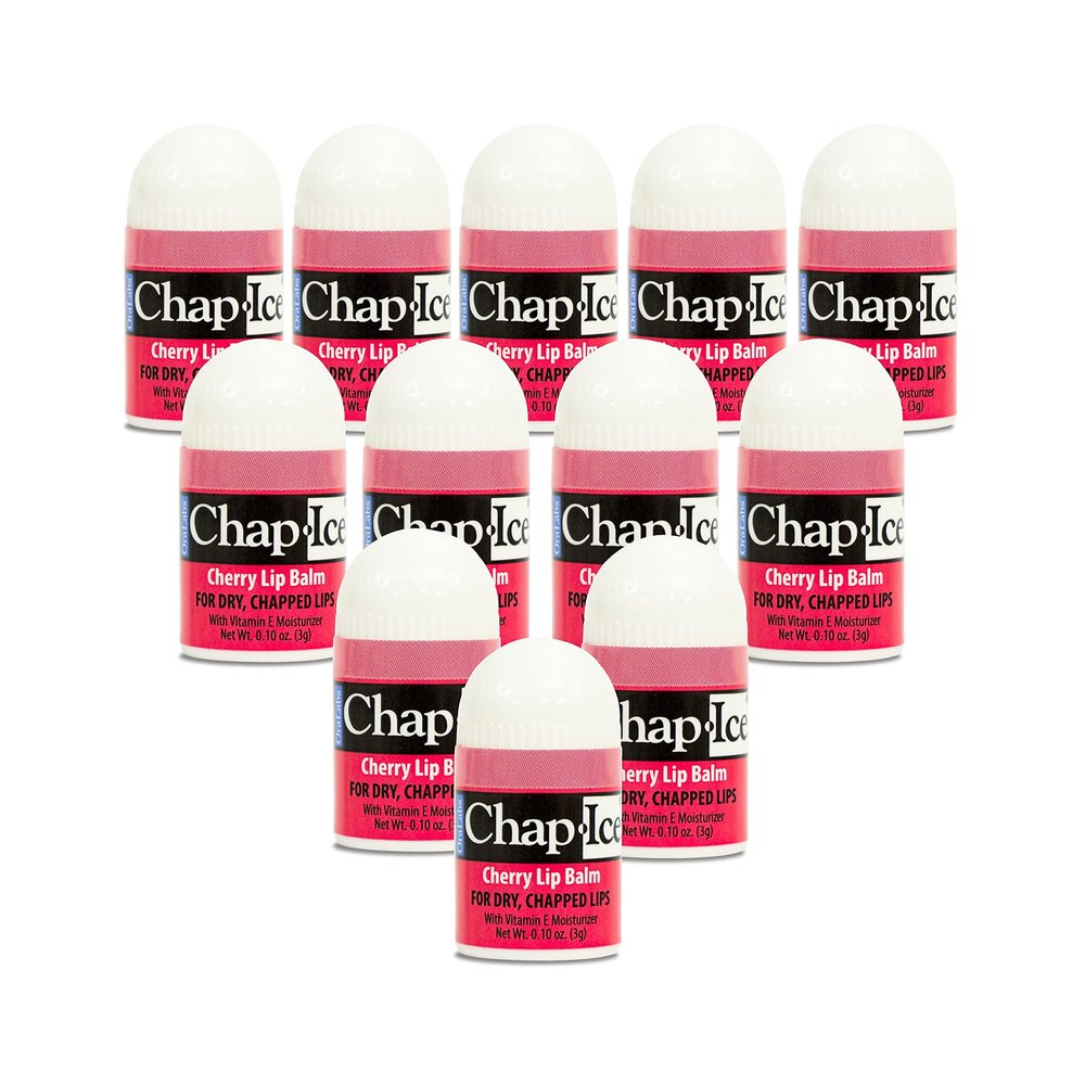 Chap-Ice | 12-Count Mini Cherry Lip Balm Pack Fortified with Vitamin E for Dry, Cracked Lips | Made in USA | Cherry Flavor (0.10oz/3g Each)