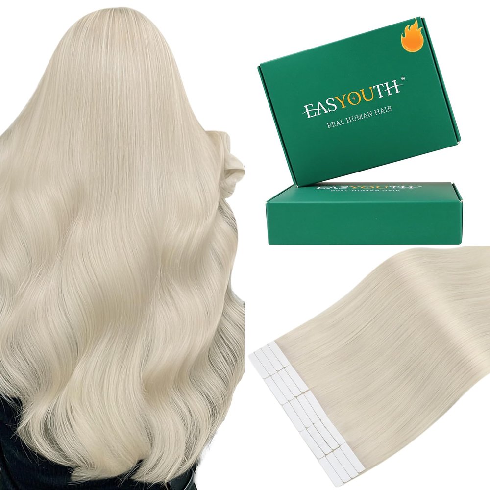 Easyouth Tape in Hair Extensions Blonde Tape in Extensions White Blonde Soft and Smooth Tapes Hair Extension Real Human Hair 18 Inch 20Pcs 40G