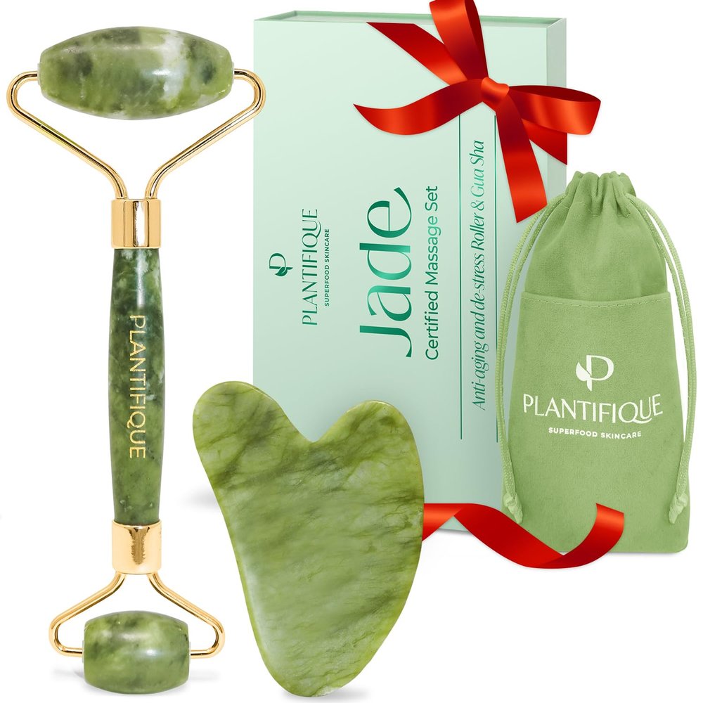 PLANTIFIQUE Jade Roller & Gua Sha Set Real Jade Facial Tools for Skin Care Routine Certified Face Massager for Radiant Skin