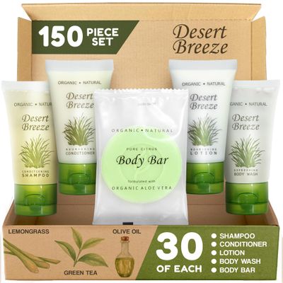 Desert Breeze Hotel Soaps & Toiletries Bulk Set | 1-Shoppe Amenities Kit | 1oz Shampoo & Conditioner, Body Wash, Lotion, Bar Soap | Travel Size | 150 Pieces