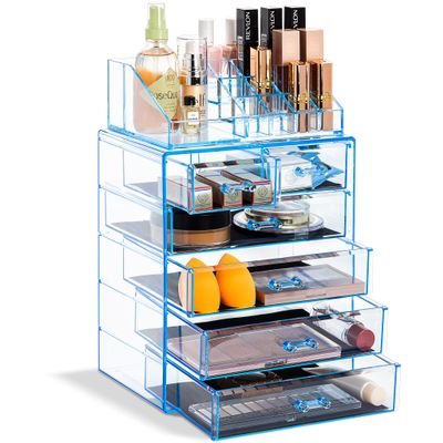Sorbus Acrylic Makeup Organizer Set, 6-Drawer Vanity & Countertop Cosmetic Storage with Small & Wide Compartments, Blue Brilliance Makeup Storage for Brushes, Jewelry  Holiday Gift for Women & Teens