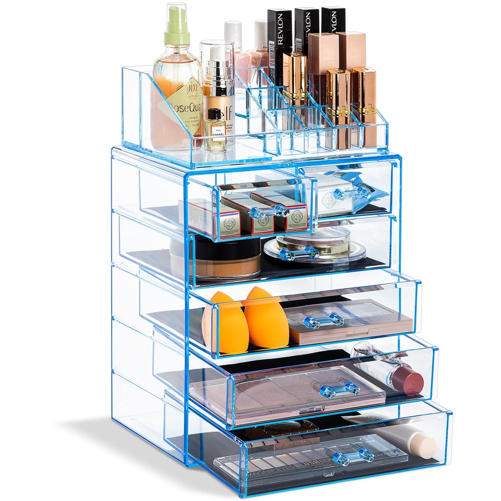 Sorbus Acrylic Makeup Organizer Set, 6-Drawer Vanity & Countertop Cosmetic Storage with Small & Wide Compartments, Blue Brilliance Makeup Storage for Brushes, Jewelry  Holiday Gift for Women & Teens