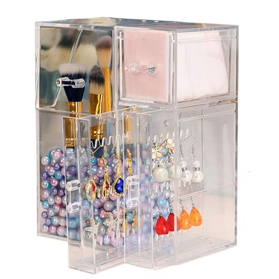 AIYoo Makeup Organizers Acrylic Brush Holder Earring Necklace Jewellery Holder Cosmetic Storage Box With Colorful pearls Dustproof Storage Bucket