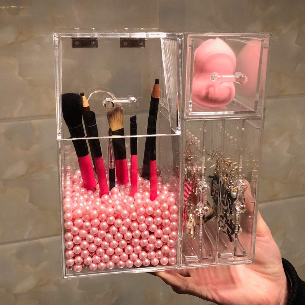 AIYoo Makeup Organizers Acrylic Brush Holder Earring Necklace Jewellery Holder Cosmetic Storage Box With Pink pearls Dustproof Storage Bucket