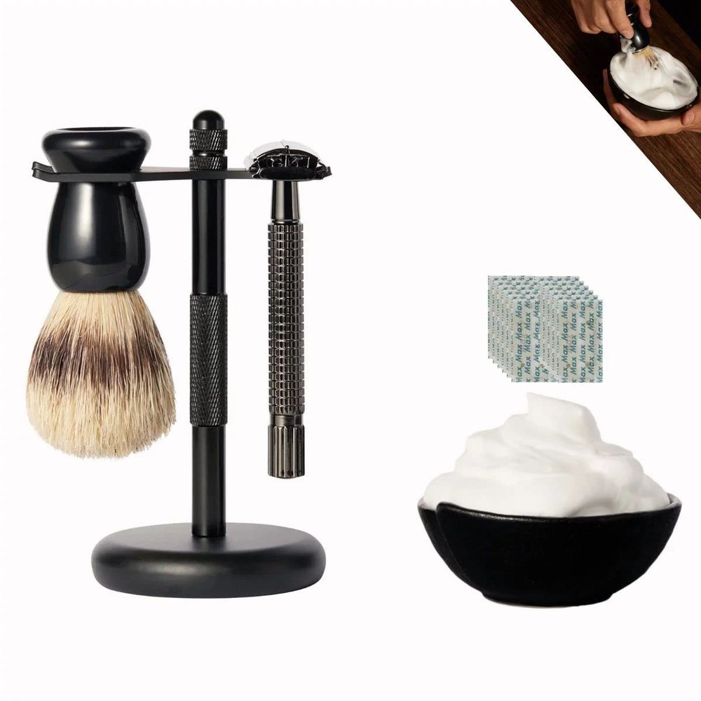 Deluxe Mens Wet shaving Kit, All Black Set, Lengthen Version Double Edge Safety Razor, Large Stand, Shaving Brush, Ceramic Shaving Bowl and 10 Extra Blades