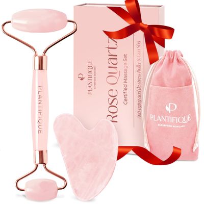 PLANTIFIQUE Face Roller and Gua Sha Rose Quartz Certified | Gifts | Guasha Tool for Face | Jawline Shaper | Your Skin Care Routine