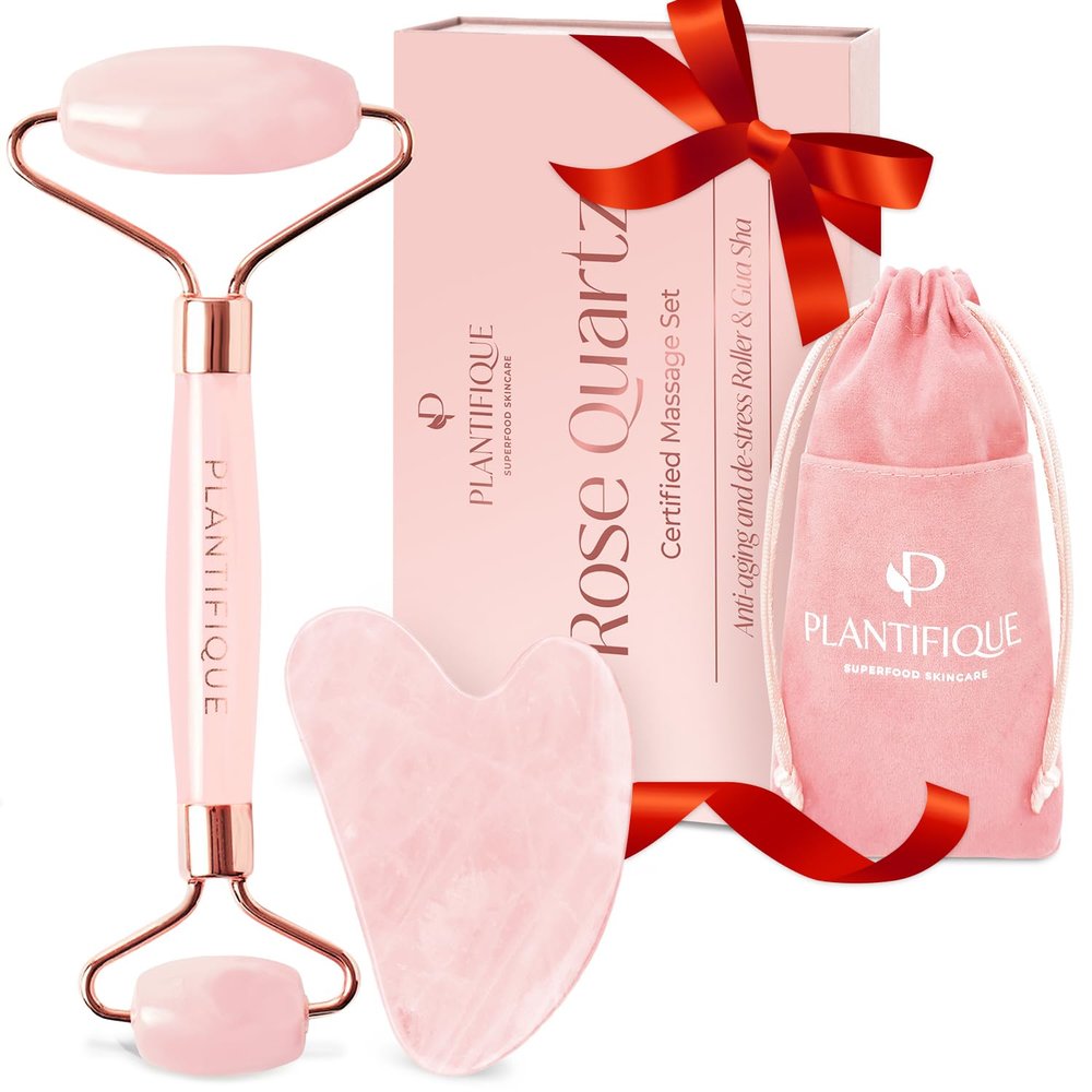 PLANTIFIQUE Face Roller and Gua Sha Rose Quartz Certified | Gifts | Guasha Tool for Face | Jawline Shaper | Your Skin Care Routine
