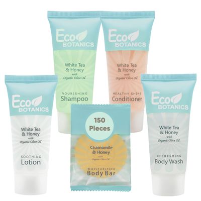 Eco Botanics Hotel Soaps & Toiletries Bulk Set | 1-Shoppe Amenities Kit | 0.85oz Shampoo & Conditioner, Body Wash, Lotion, 0.89oz Bar Soap | Travel Size | 150 Pieces