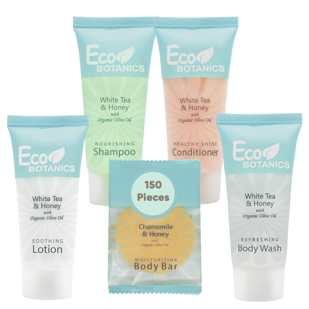 Eco Botanics Hotel Soaps & Toiletries Bulk Set | 1-Shoppe Amenities Kit | 0.85oz Shampoo & Conditioner, Body Wash, Lotion, 0.89oz Bar Soap | Travel Size | 150 Pieces