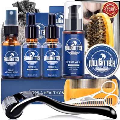 Beard Care Kit for Men-Nourish Soften Grooming Patchy Beard W/Vitamin Spray,Mustache Oil,Balm, Wash,Boar Bristle Brush,Wooden Comb,Scissors,Valentines Fathers Gifts for Men Dad Him Husband Boyfriend