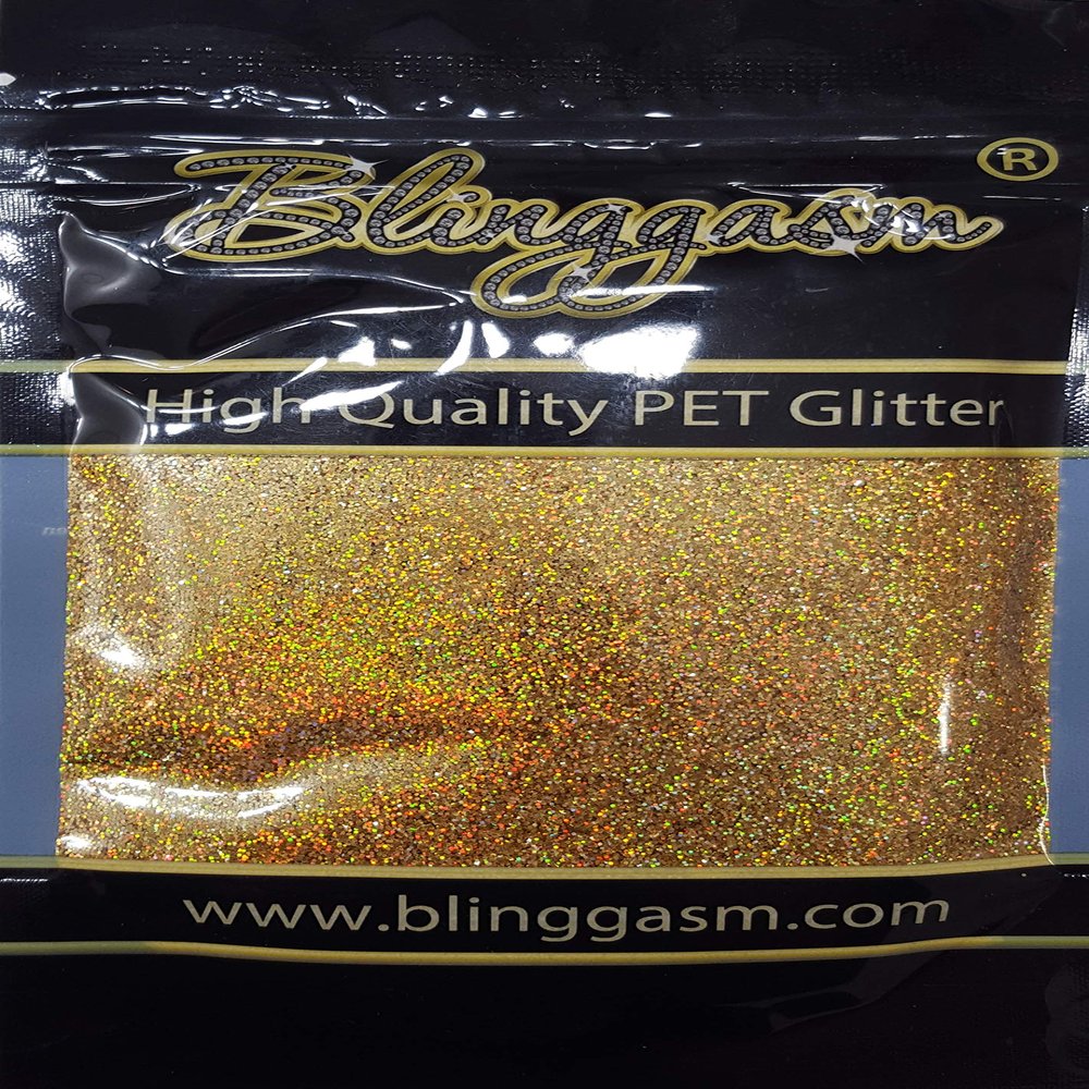 Blinggasm Premium Solvent Resistant Polyester Glitter 3.5 oz by Weight .008 or .015 Use for Tumblers Decoration Crafts Nails Cosmetics Body Paint (Holographic #2LB200 Gold, .008 (1/128") 3.5 oz)