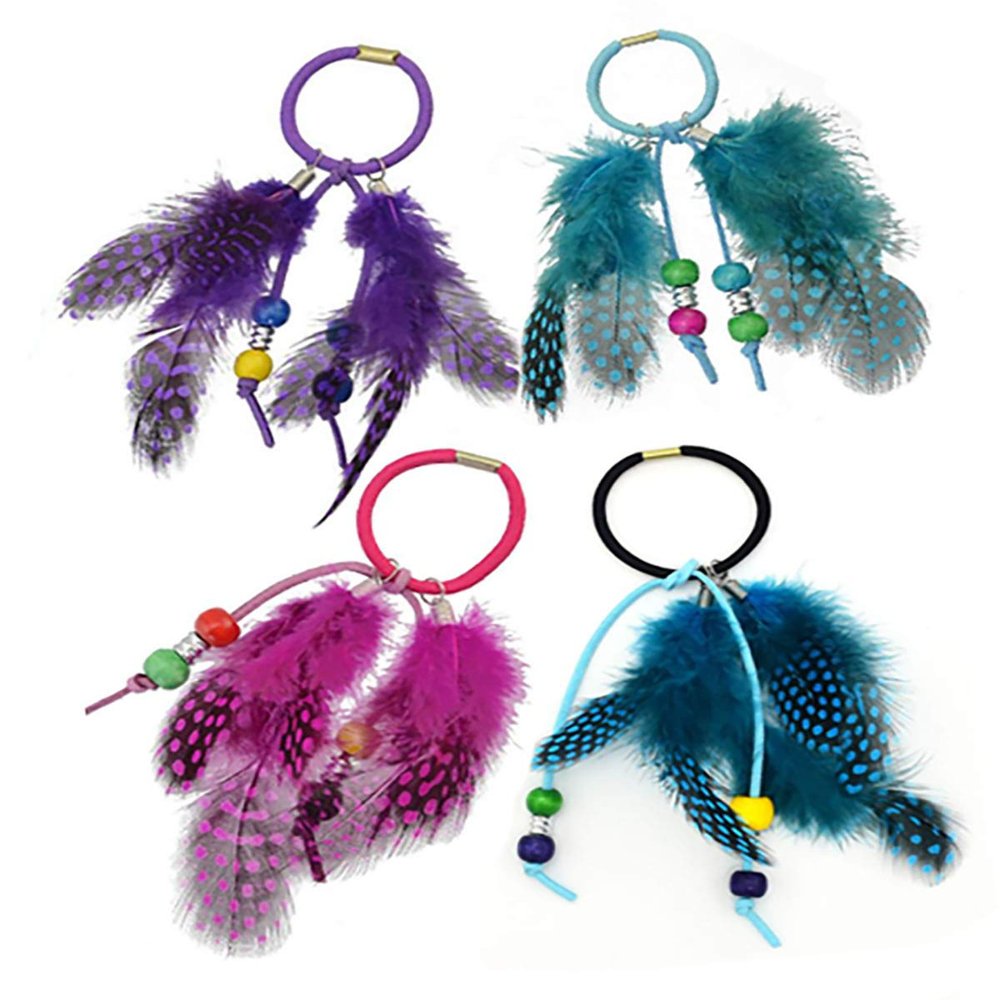 Set of 4 Handmade Boho Elastics Feather Hair Rope Ponytail Holders Hippie Hair Band Headbands Head Wrap Gypsy Hair Tie for Women (Colour Random)