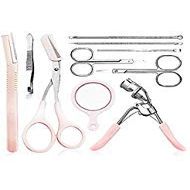 Eyebrow Tools Suit Kit for Women - Tweezers Scissors Trimmer Eyelash Curler Mirror Earpick Acne Pin Extractor Make up Cosmetic Tool(PinkPack of 10)